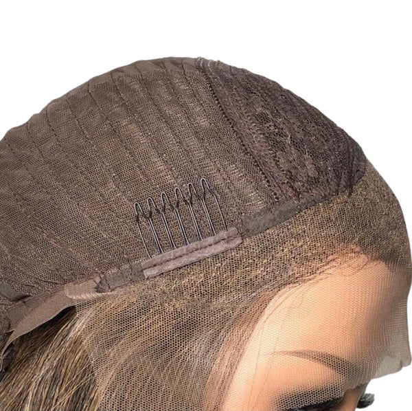 Honey blonde and chestnut Balayage Lace Front wig on mannequin