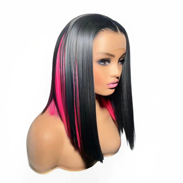 Straight bob Black and Pink Pre-plucked Lace Wig on mannequin