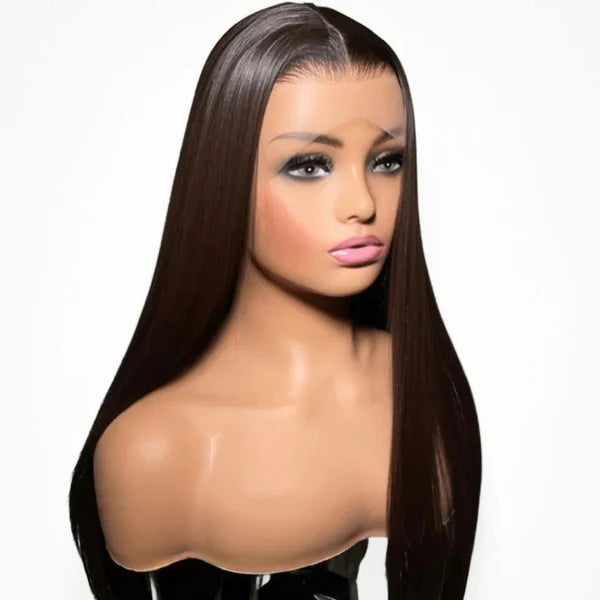 Dark Brown Pre-plucked Lace Wig on mannequin